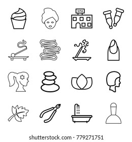Spa icons. set of 16 editable outline spa icons such as shower, nail, cream, lotus, aroma stick, pipette, face, leaf, woman face with flower in hair