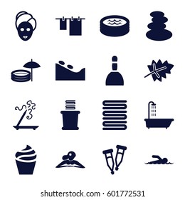 spa icons set. Set of 16 spa filled icons such as leaf, shower, cream, aroma stick, towels, cloth hanging, pipette, jacuzzi, swimmer