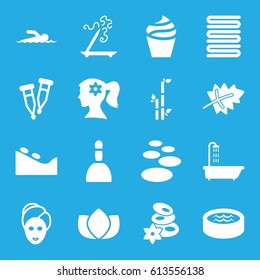 Spa icons set. set of 16 spa filled icons such as leaf, shower, woman face with flower in hair, cream, lotus, aroma stick, bamboo, towels, pipette, jacuzzi