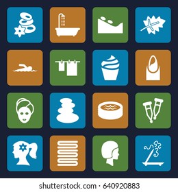 Spa icons set. set of 16 spa filled icons such as leaf, shower, nail, woman face with flower in hair, cream, aroma stick, towels, cloth hanging, pipette, jacuzzi, face