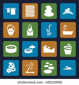Spa icons set. set of 16 spa filled icons such as shower, nail, cream, aroma stick, bamboo, towels, cloth hanging, jacuzzi, swimmer