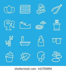 Spa icons set. set of 16 spa outline icons such as shower, leaf, nail, woman face with flower in hair, cream, lotus, bamboo, towels, cloth hanging, face