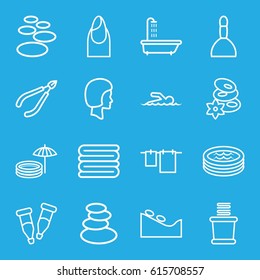 Spa icons set. set of 16 spa outline icons such as shower, nail, towels, cloth hanging, pipette, jacuzzi, face, swimmer