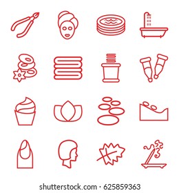 Spa icons set. set of 16 spa outline icons such as shower, leaf, nail, cream, lotus, aroma stick, towels, pipette, jacuzzi