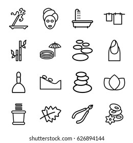 Spa icons set. set of 16 spa outline icons such as shower, leaf, nail, lotus, aroma stick, bamboo, cloth hanging, towels