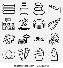 Spa icons set. set of 16 spa outline icons such as leaf, nail, cream, lotus, aroma stick, towels, pipette, jacuzzi, swimmer