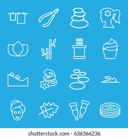 Spa icons set. set of 16 spa outline icons such as leaf, woman face with flower in hair, cream, lotus, bamboo, cloth hanging, towels, pipette, jacuzzi