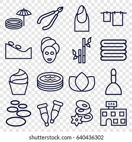Spa icons set. set of 16 spa outline icons such as nail, cream, lotus, bamboo, towels, cloth hanging, pipette, jacuzzi