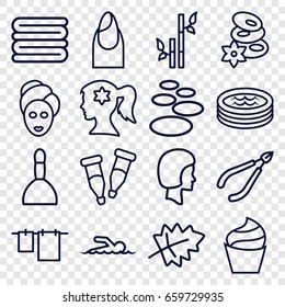 Spa icons set. set of 16 spa outline icons such as leaf, nail, woman face with flower in hair, cream, bamboo, towels, cloth hanging, pipette, jacuzzi, face