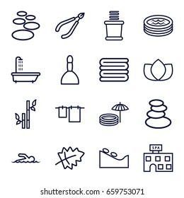 Spa icons set. set of 16 spa outline icons such as shower, leaf, lotus, bamboo, towels, cloth hanging, jacuzzi, swimmer