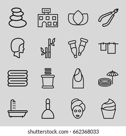 Spa icons set. set of 16 spa outline icons such as shower, nail, cream, lotus, bamboo, towels, cloth hanging, pipette, face