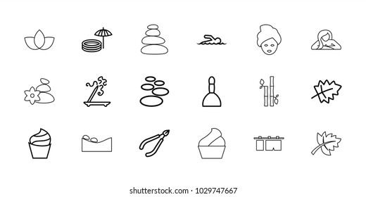 Spa icons. set of 18 editable outline spa icons: leaf, cream, aroma stick, swimmer, inflatable pool and umbrella, lotus, bamboo