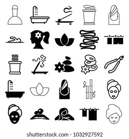 Spa icons. set of 25 editable filled and outline spa icons such as shower, woman face with flower in hair, aroma stick, cloth hanging, towels, swimmer, nail, lotus