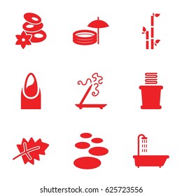 Spa icons set. set of 9 spa filled icons such as leaf, shower, nail, aroma stick, bamboo, towels