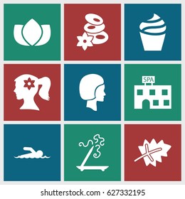 Spa icons set. set of 9 spa filled icons such as leaf, woman face with flower in hair, cream, lotus, aroma stick, face