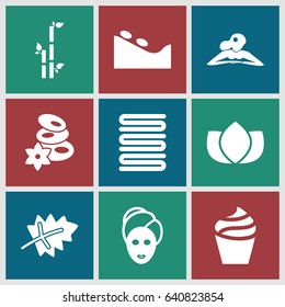 Spa icons set. set of 9 spa filled icons such as leaf, cream, lotus, bamboo