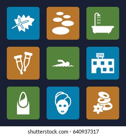 Spa icons set. set of 9 spa filled icons such as leaf, shower, nail, pipette