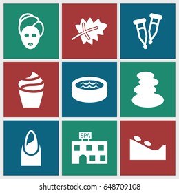 Spa icons set. set of 9 spa filled icons such as leaf, nail, cream, pipette