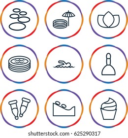 Spa icons set. set of 9 spa outline icons such as cream, lotus, pipette, jacuzzi, swimmer