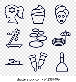 Spa icons set. set of 9 spa outline icons such as woman face with flower in hair, cream, aroma stick, pipette, swimmer