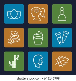 Spa icons set. set of 9 spa outline icons such as leaf, woman face with flower in hair, cream, lotus, bamboo, pipette