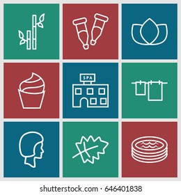 Spa icons set. set of 9 spa outline icons such as leaf, cream, lotus, spa building, bamboo, cloth hanging, pipette, jacuzzi
