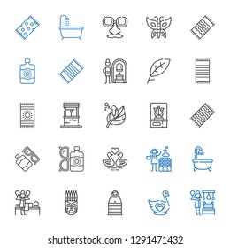 spa icons set. Collection of spa with russian banya, swan, sauna, mask, massage, bathtub, hot stones, swans, sun lotion, beach towel, butterfly. Editable and scalable spa icons.