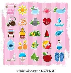 Spa icons set vector, healthy lifestyle, spa icons on pink background