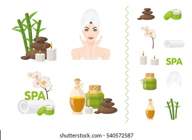 Spa icons with woman with towel, spa stones, bamboo branches, candles and bottles of oil. Vector illustration for Spa isolated on white background.