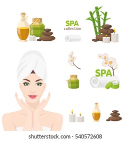 Iconos Spa con mujer con toalla, piedras de spa, ramas de bambú, velas y botellas de aceite. Ilustración vectorial para Spa aislado en fondo blanco.