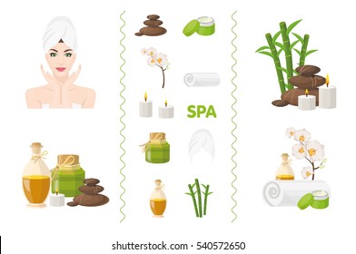 Spa icons with woman with towel, spa stones, bamboo branches, candles and bottles of oil. Vector illustration for Spa isolated on white background.