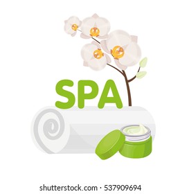 Spa illustration with towel, face cream and orchid flower. Vector illustration for salon.