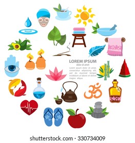Spa infographics, spa icons, healthy lifestyle, wellness, round composition