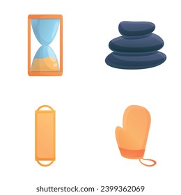 Spa-Inventarsymbole setzen Cartoon-Vektorgrafik. Die Ausstattung für den Badebetrieb. Sauna-, Therapie- und Entspannungskonzept