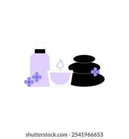 Itens De Spa Com Garrafa De Óleo Essencial, Vela E Pedras Em Ilustração De Vetor Plano Simbolizando Relaxamento E Bem-Estar, Isolados Em Fundo Branco
