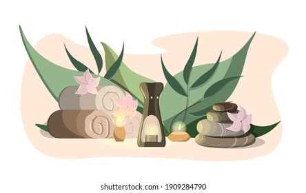 Spa kit. Towels, Candles, Aroma lamp, Therapy, Massage stones, Pink flowers, Green leaves