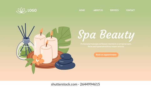Spa landing page template. Serene design with burning aromatherapy candles, smooth massage stones and tropical leaves. Hand drawn vector illustration.