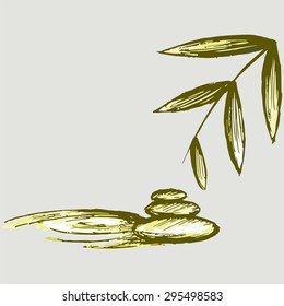 Spa landscape, stones, twigs, and the wave of water from falling a drop. Vector Image