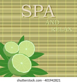 spa leaves and lime in a corner on a bamboo mat background with text