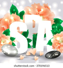Spa lettering with hot stones for massage with cherry pink sakura or peony flowers and hearts