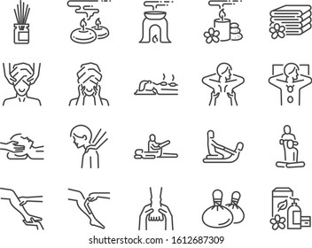 Spa line icon set. Included icons as relax, relieve, sleep, sound, touch, feeling and more. - Shutterstock ID 1612687309