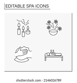 Iconos de línea de spa. Delicados procedimientos de belleza. Masaje corporal y aromaterapia. velas terapéuticas, tazón de aroma auna. Atención de la salud. Concepto de cosmetología. Ilustraciones vectoriales aisladas. Trazo editable