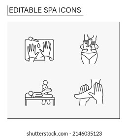 Iconos de línea de spa. Delicados procedimientos de belleza. Masaje corporal.Sérico para manos hidratantes. Concepto de cosmetología. Ilustraciones vectoriales aisladas. Trazo editable