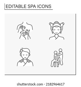 Iconos de línea de spa. Delicados procedimientos de belleza. Masaje corporal y aromaterapia. Levantamiento facial, masaje antiedad. Atención de la salud. Concepto de cosmetología. Ilustraciones vectoriales aisladas. Trazo editable