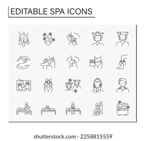 Iconos de línea de spa. Delicados procedimientos de belleza. Masaje corporal y aromaterapia. Atención de la salud. Concepto de cosmetología. Ilustraciones vectoriales aisladas. Trazo editable