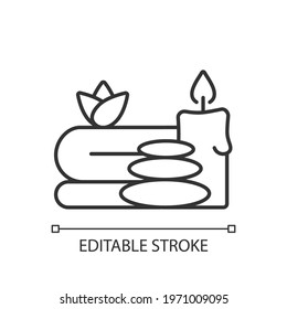 Spa linear icon. Luxurious spa facilities and signature spa treatments. Thin line customizable illustration. Contour symbol. Vector isolated outline drawing. Editable stroke