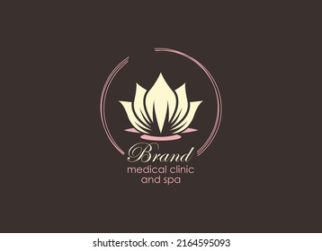 Logo Del Spa. Forma geométrica Icono de flor Lotus con círculo aislado en fondo oscuro. Usable para Beauty, Spa, Medical, Business y Branding Logos. Elemento de plantilla de diseño de vector plano