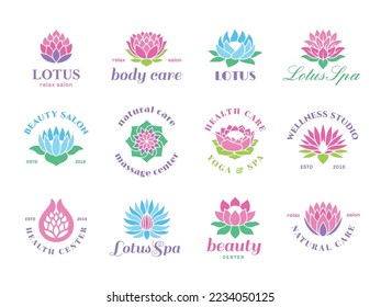 Spa logo lotus design. Lotos flowers badges, yoga wellness center creative symbols. Life balance harmony emblems, female health tidy vector signs set