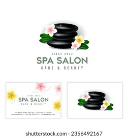 Spa logo. Tropical spa and resort emblem. Hot stones for massage and exotic plumeria flowers. Business card.