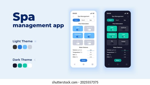 Spa management app cartoon smartphone interface vector templates set. Mobile app screen page day and dark mode design. Pool information UI for application. Phone display